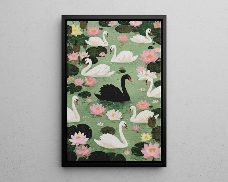 TNESSENTIAL Black Swan Among White Swans Wall Art Poster or Canvas Print, Whimsical Swan Pond Art, Cozy Gouache Illustration, Floral Bird Art Home Decor - Image 5