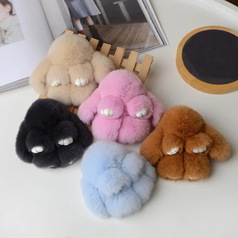 Y&D Stuffed Animal Bunny Keychain 15CM Real Rabbit Fur Plush Toy Fluffy Soft Fuzzy Accessories Furry Ball Pom Pom Plush Key Chains - Image 2