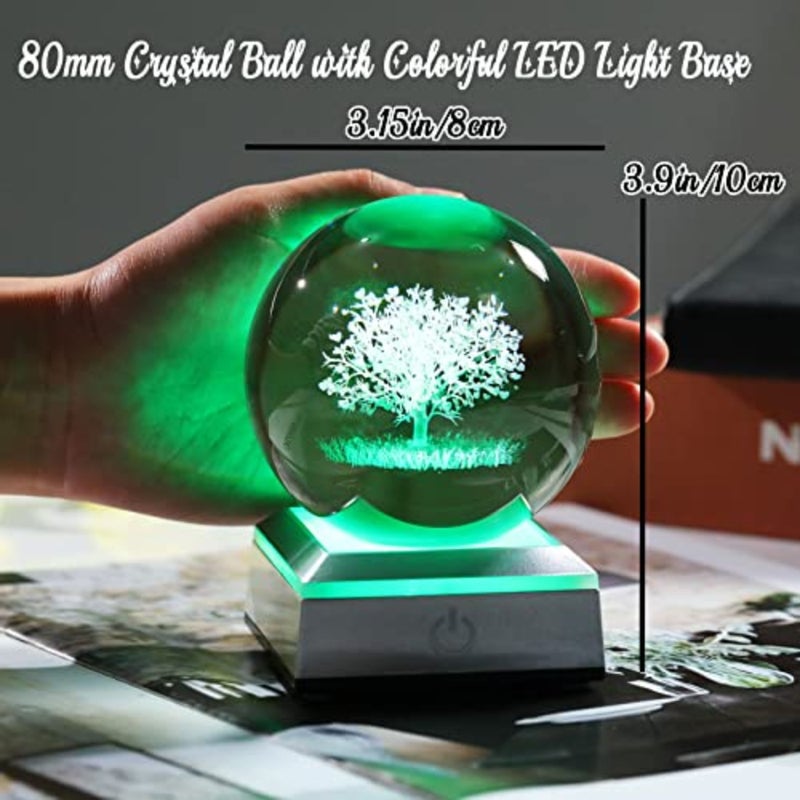 Crystal Ball 3D Engraved with LED Colorful Base, 3.15" 8CM Glass Sphere Ideas for Family Home Decor Display, Gifts for Men Women Friends on Birthday Christmas - Image 4