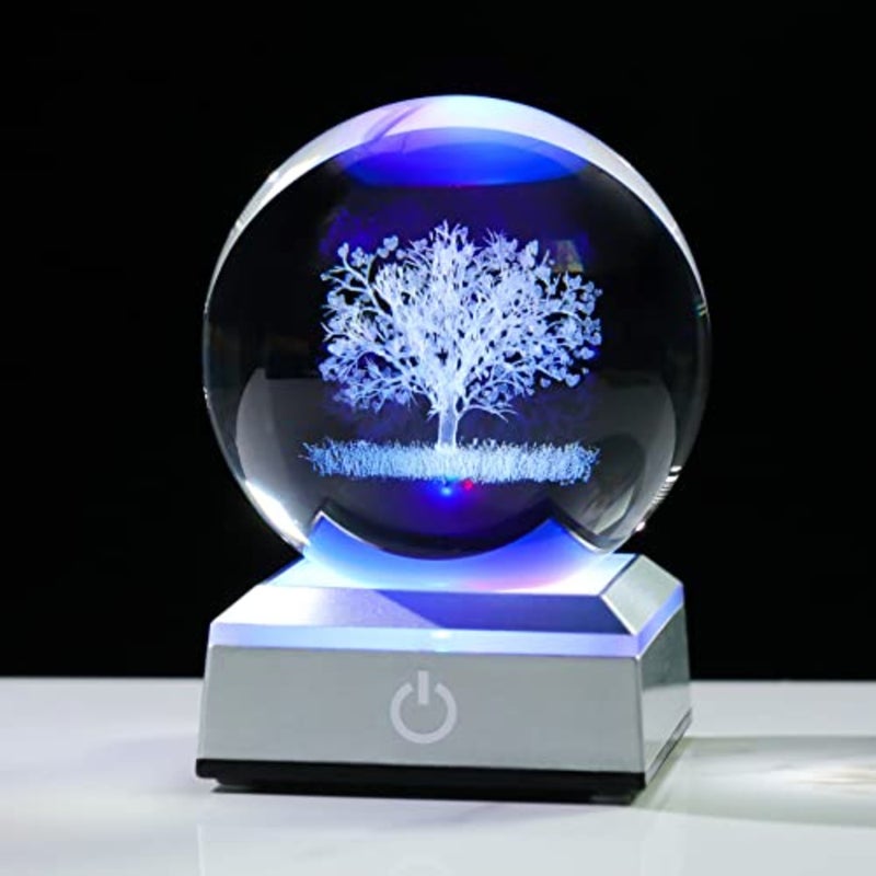 Crystal Ball 3D Engraved with LED Colorful Base, 3.15" 8CM Glass Sphere Ideas for Family Home Decor Display, Gifts for Men Women Friends on Birthday Christmas - Image 1
