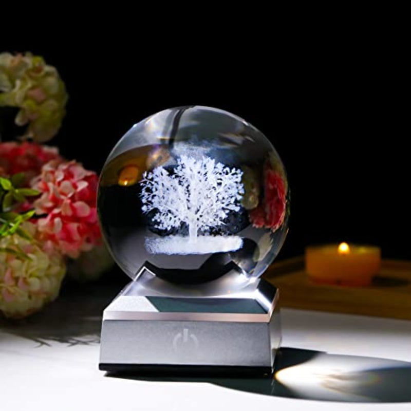 Crystal Ball 3D Engraved with LED Colorful Base, 3.15" 8CM Glass Sphere Ideas for Family Home Decor Display, Gifts for Men Women Friends on Birthday Christmas - Image 3