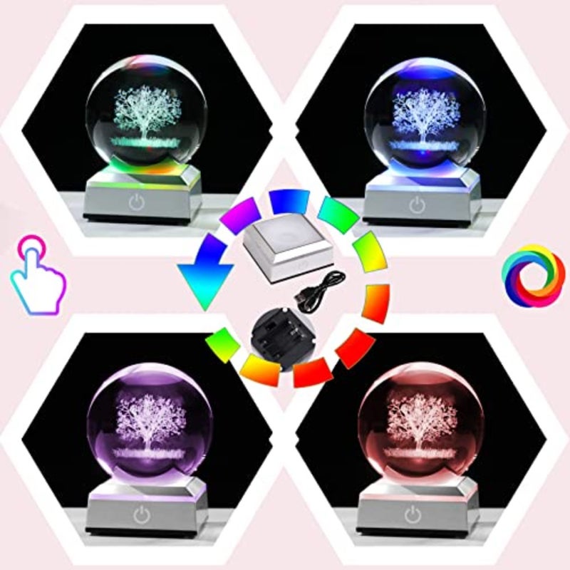 Crystal Ball 3D Engraved with LED Colorful Base, 3.15" 8CM Glass Sphere Ideas for Family Home Decor Display, Gifts for Men Women Friends on Birthday Christmas - Image 2