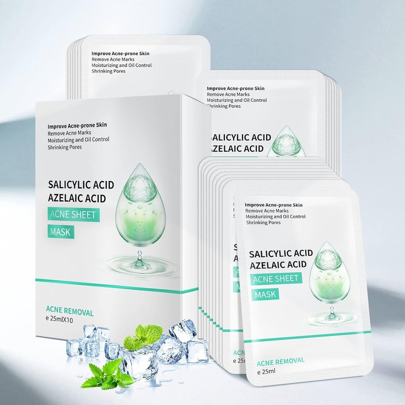 YAFUSIPE Facial Mask Anti Acne Face Masks Skin Care Sheet Masks With Salicylic Acid Sheet For Acne Prone Hydrating Moisturizing Skincare for Scar Breakouts Pimple Beauty Oil Control Redness 10 Sheets