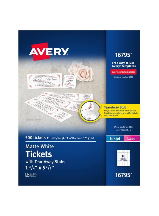 AVERY Matte White Printable Tickets with Tear-Away Stubs, 1-3/4 x 5-1/2, Pack of 500 (16795) - Image 1
