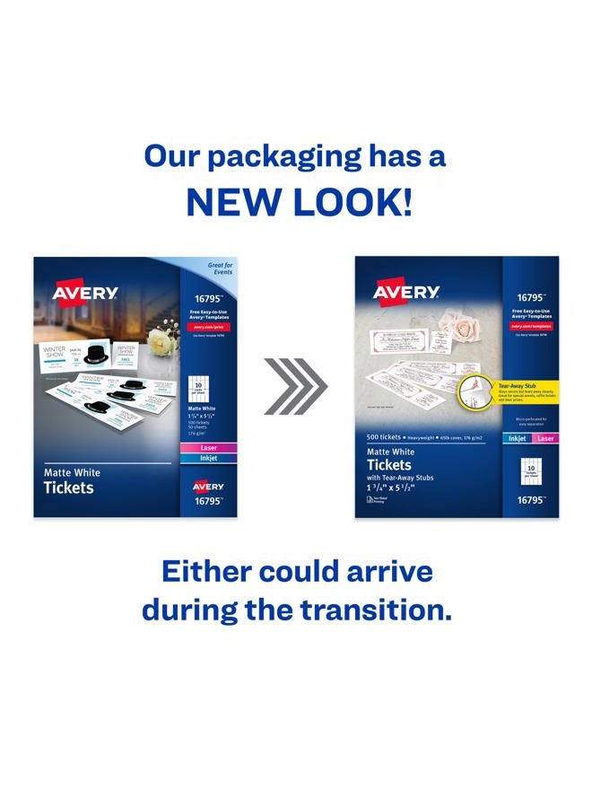 AVERY Matte White Printable Tickets with Tear-Away Stubs, 1-3/4 x 5-1/2, Pack of 500 (16795) - Image 2