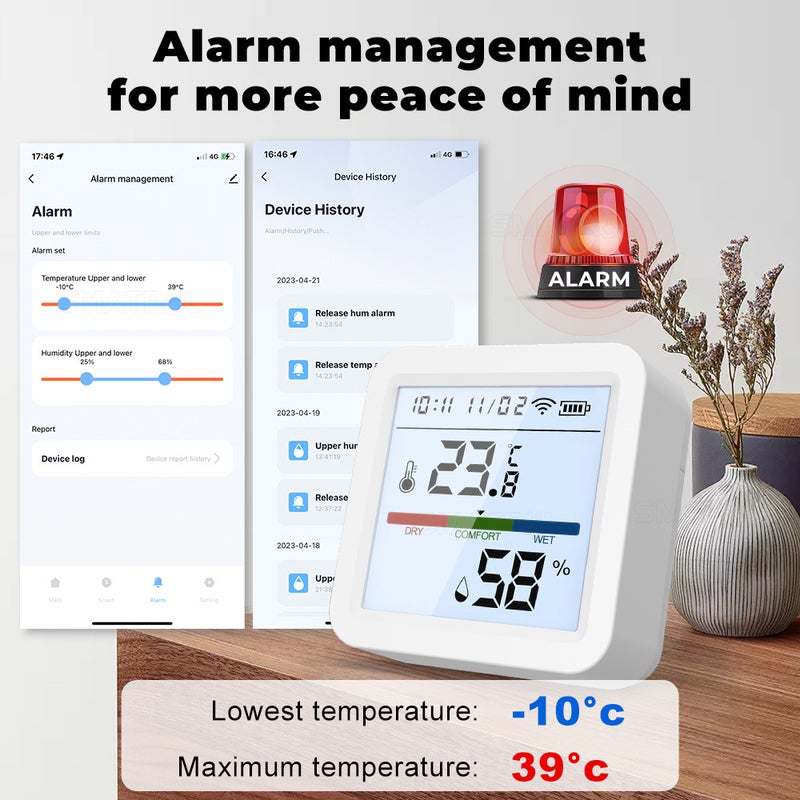 مقياس درجة الحرارة والرطوبة ثنائي الوضع واي فاي وبلوتوث من تويا مع شاشة LCD ذات إضاءة خلفية، يمكن التحكم عن بعد عبر تطبيق الهاتف المحمول، ربط ذكي متوافق مع أليكسا وجوجل هوم للتحكم الصوتي - Image 4