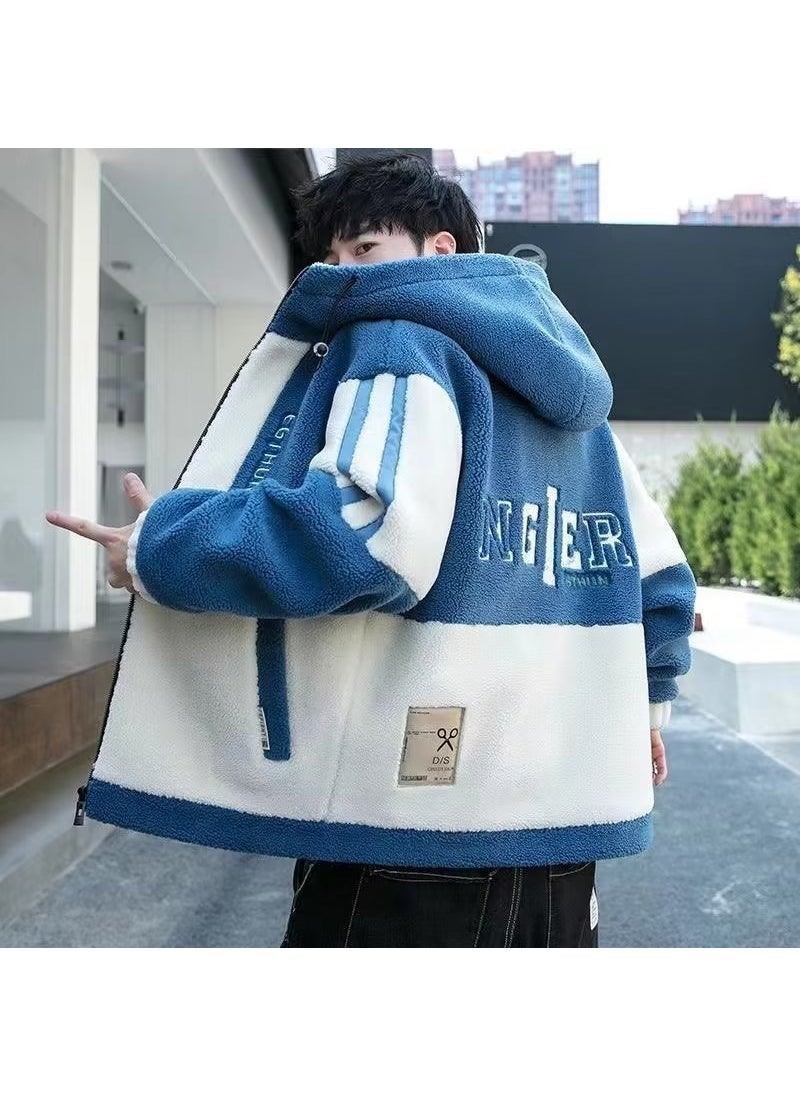Generic - 2023 Winter Sherpa Hoodie Mens Jacket Color-Block Blue - Image 1