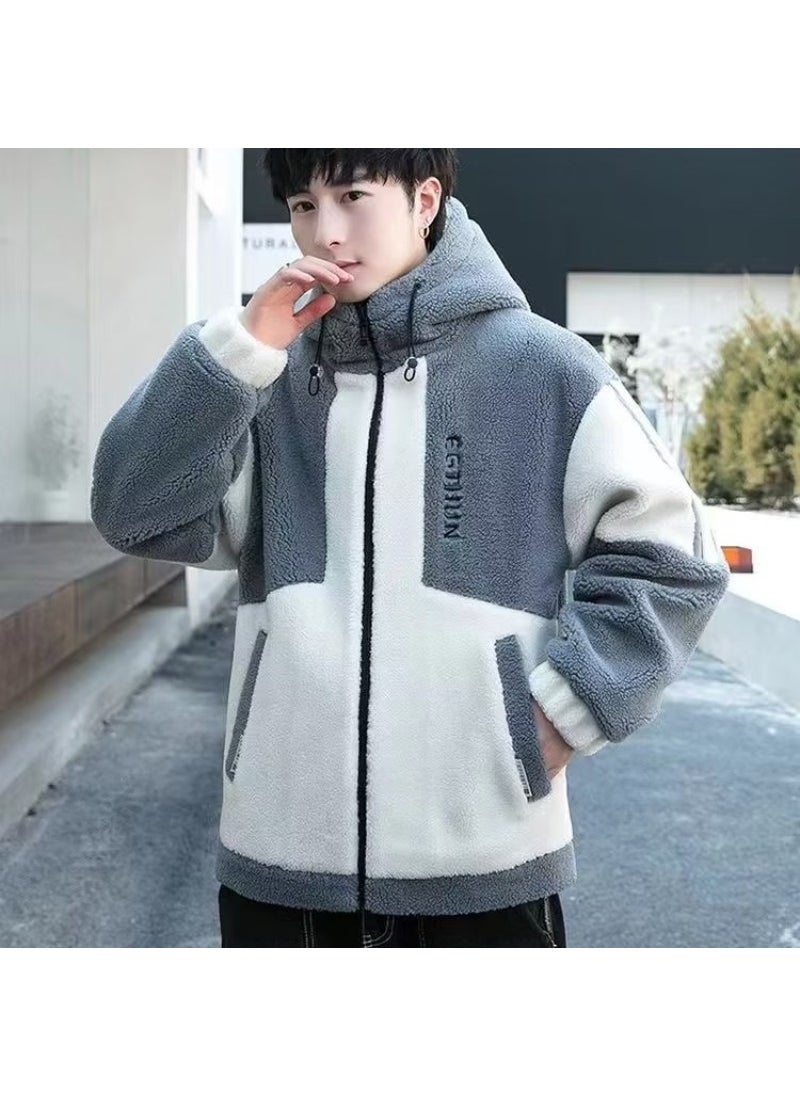 Generic - 2023 Winter Sherpa Hoodie Mens Jacket Color-Block Blue - Image 1