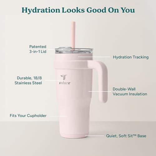 REDUCE 24 oz Stainless Steel Tumbler with Handle - Dual-Wall Vacuum Insulated Travel Mug, Sweat-Proof Lid & Reusable Straw - Keeps Drinks Cold for 24 Hrs, Fits Cupholders, Dishwasher Safe-Pink Cotton - Image 4