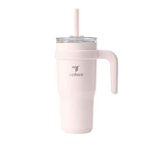 REDUCE 24 oz Stainless Steel Tumbler with Handle - Dual-Wall Vacuum Insulated Travel Mug, Sweat-Proof Lid & Reusable Straw - Keeps Drinks Cold for 24 Hrs, Fits Cupholders, Dishwasher Safe-Pink Cotton - Image 1