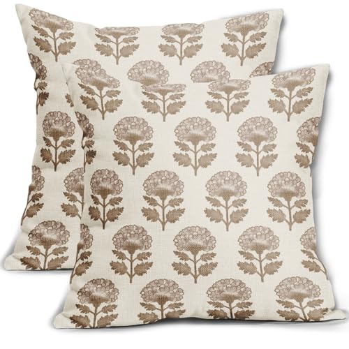 Aytipun Brown Floral Block Print Pillow Covers 18x18 Set of 2 Flower Pattern Cream Decorative Throw Pillowcases Outdoor Rustic Farmhouse Cushion Cases Decor for Home Couch Sofa Bed - Image 1