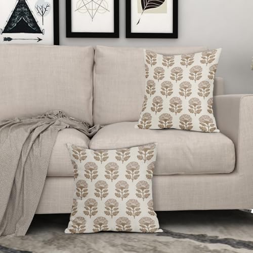 Aytipun Brown Floral Block Print Pillow Covers 18x18 Set of 2 Flower Pattern Cream Decorative Throw Pillowcases Outdoor Rustic Farmhouse Cushion Cases Decor for Home Couch Sofa Bed - Image 3
