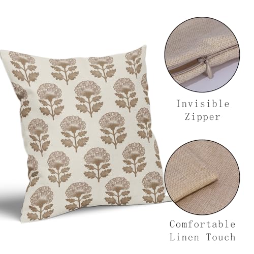 Aytipun Brown Floral Block Print Pillow Covers 18x18 Set of 2 Flower Pattern Cream Decorative Throw Pillowcases Outdoor Rustic Farmhouse Cushion Cases Decor for Home Couch Sofa Bed - Image 4