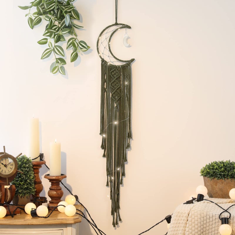 Olive Macrame Moon Dream Catcher Boho Crescent Phase Woven Wall Hanging with Light Handmade Unique Bohemian Nursery Decor with Star Ornament Decoration for Home Bedroom for Girl Kids
