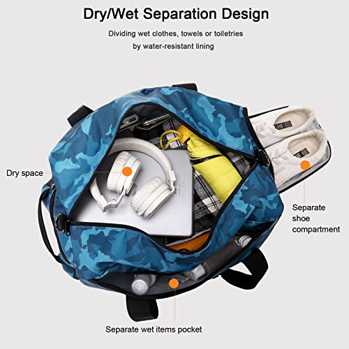 Octsky Boys Overnight Duffel Bags Sport Gym Bag Gymnastics Bag with Shoe Compartment, Carry-on Size Weekender Sleepovers Travel Duffel Bag for Boys (Blue Camo) - Image 2