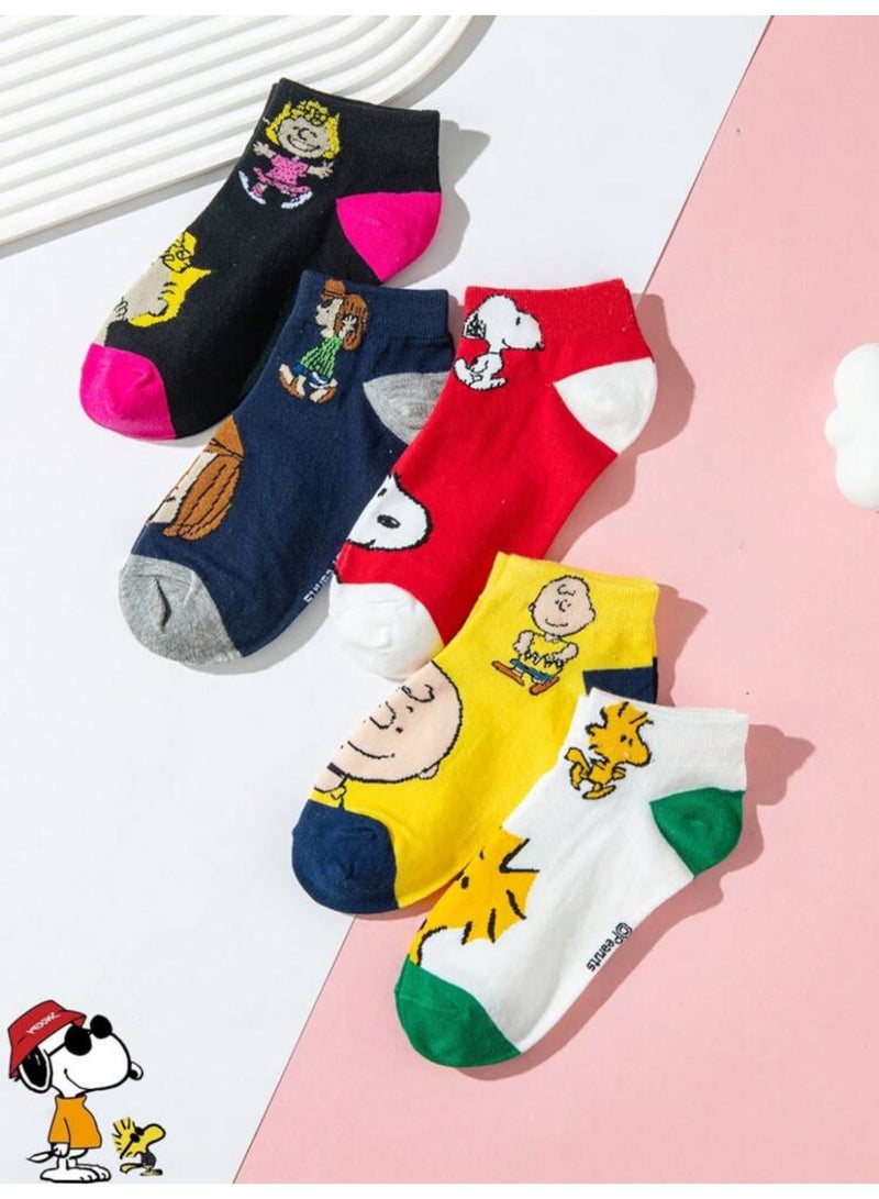 Snoopy 5 Pairs of Short Socks with Iconic Snoopy Cartoon Characters | Colorful and Trendy Socks with Soft, Long-Lasting Fabric | Fits a Wide Range of Sizes from 36-46 for Maximum Comfort | Fun and Stylish Design Suitable for Sneakers and Casual Shoes | Perfect for Everyday Wear with an Eye-Catching Look - Image 2