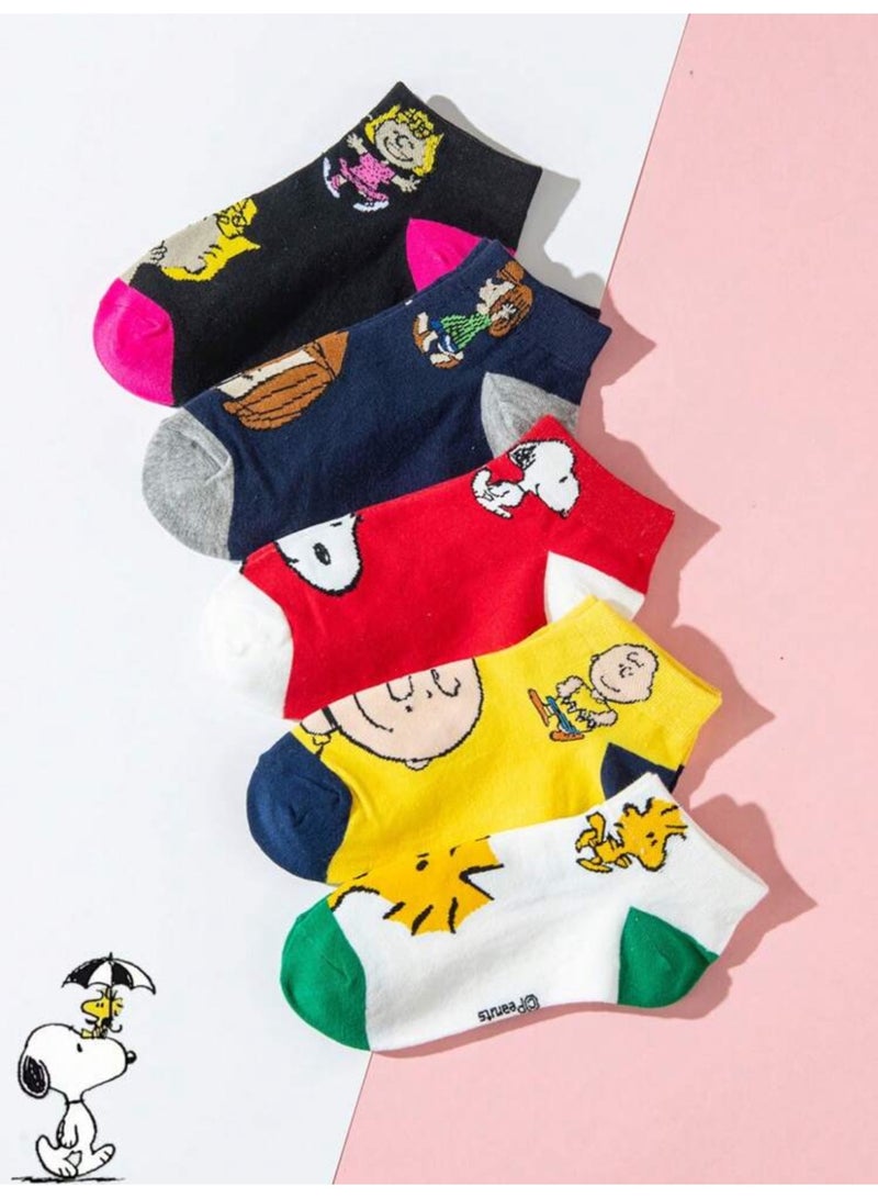 Snoopy 5 Pairs of Short Socks with Iconic Snoopy Cartoon Characters | Colorful and Trendy Socks with Soft, Long-Lasting Fabric | Fits a Wide Range of Sizes from 36-46 for Maximum Comfort | Fun and Stylish Design Suitable for Sneakers and Casual Shoes | Perfect for Everyday Wear with an Eye-Catching Look - Image 1