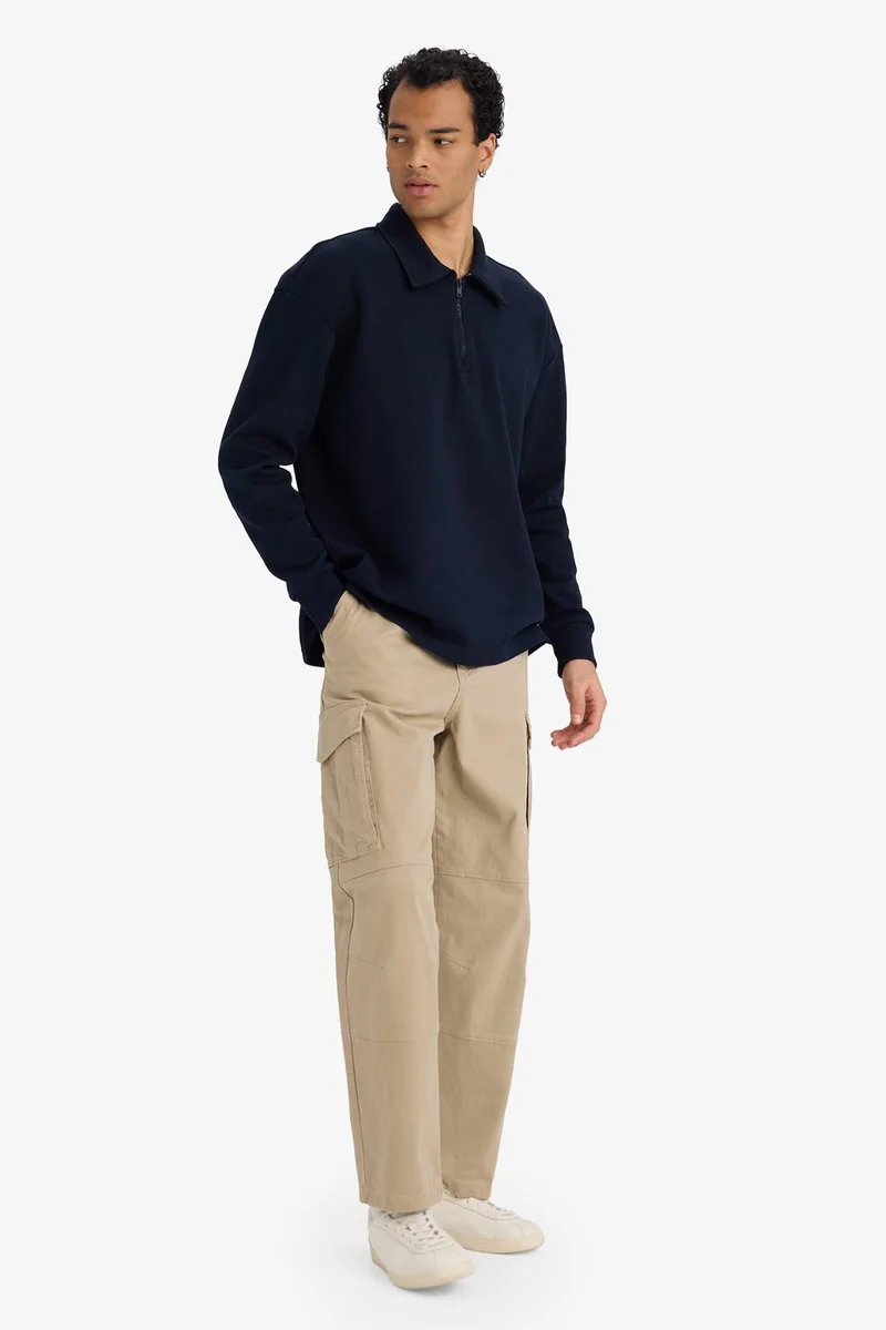 ديفاكتو Boxy Fit Long Sleeve Half Zip Polo Collar Sweatshirt