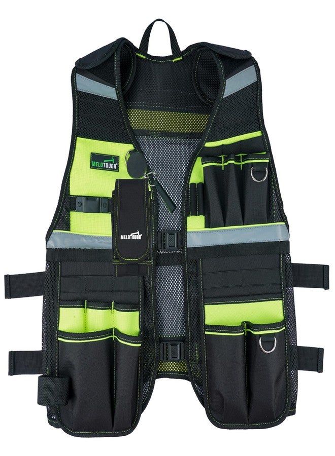 MELOTOUGH Tool Vest Reflective Safety Tool Vest with Removable Phone Holder,Retractable Pen Holder for Electrician,Carpenters,Construction(Lime) - Image 1