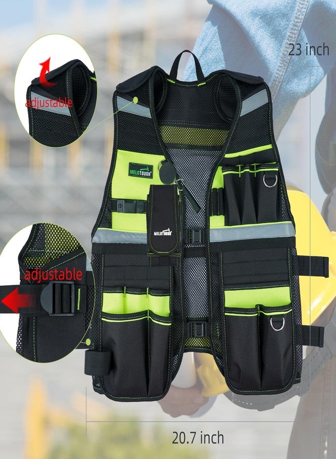 MELOTOUGH Tool Vest Reflective Safety Tool Vest with Removable Phone Holder,Retractable Pen Holder for Electrician,Carpenters,Construction(Lime) - Image 3
