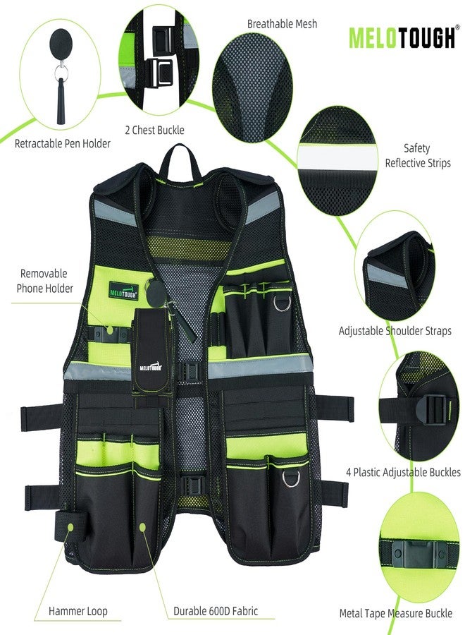 MELOTOUGH Tool Vest Reflective Safety Tool Vest with Removable Phone Holder,Retractable Pen Holder for Electrician,Carpenters,Construction(Lime) - Image 2