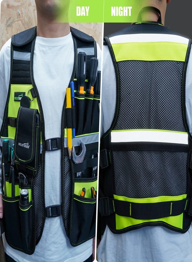 MELOTOUGH Tool Vest Reflective Safety Tool Vest with Removable Phone Holder,Retractable Pen Holder for Electrician,Carpenters,Construction(Lime) - Image 4