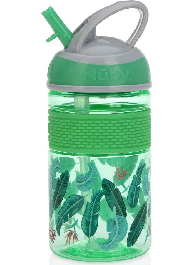 Nuby Thirsty Kids Flip-it Freestyle On The Go Water Bottle with Bite Resistant Hard Straw and Easy Grip Band, Green Banana Leaves, 12 Ounce - Image 1