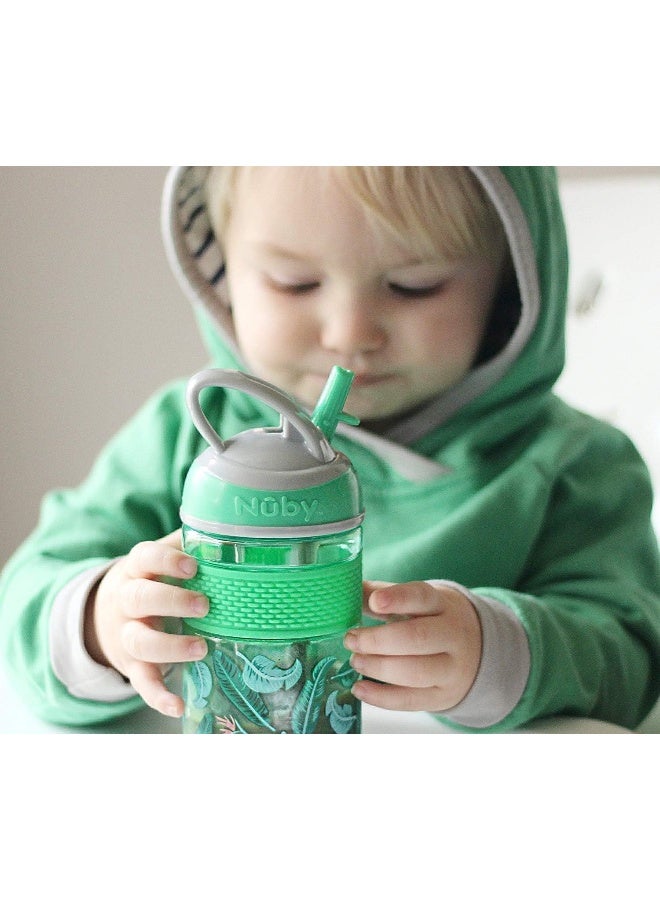 Nuby Thirsty Kids Flip-it Freestyle On The Go Water Bottle with Bite Resistant Hard Straw and Easy Grip Band, Green Banana Leaves, 12 Ounce - Image 4