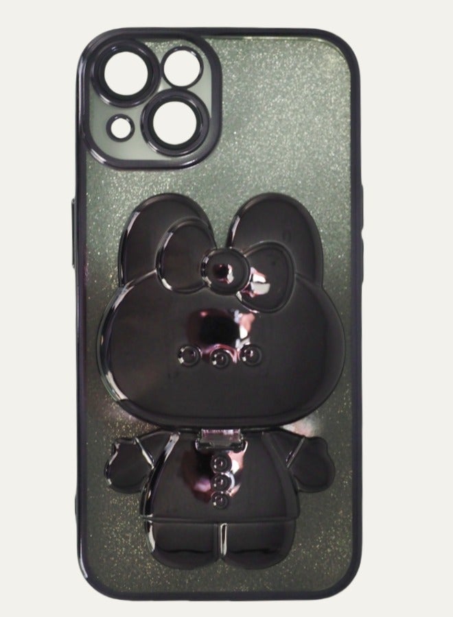 جراب iPhone 15 اللامع على شكل أرنب: مرآة تجميل 2 في 1 مع حامل - غطاء عصري مقاوم للخدش والصدمات - Image 1