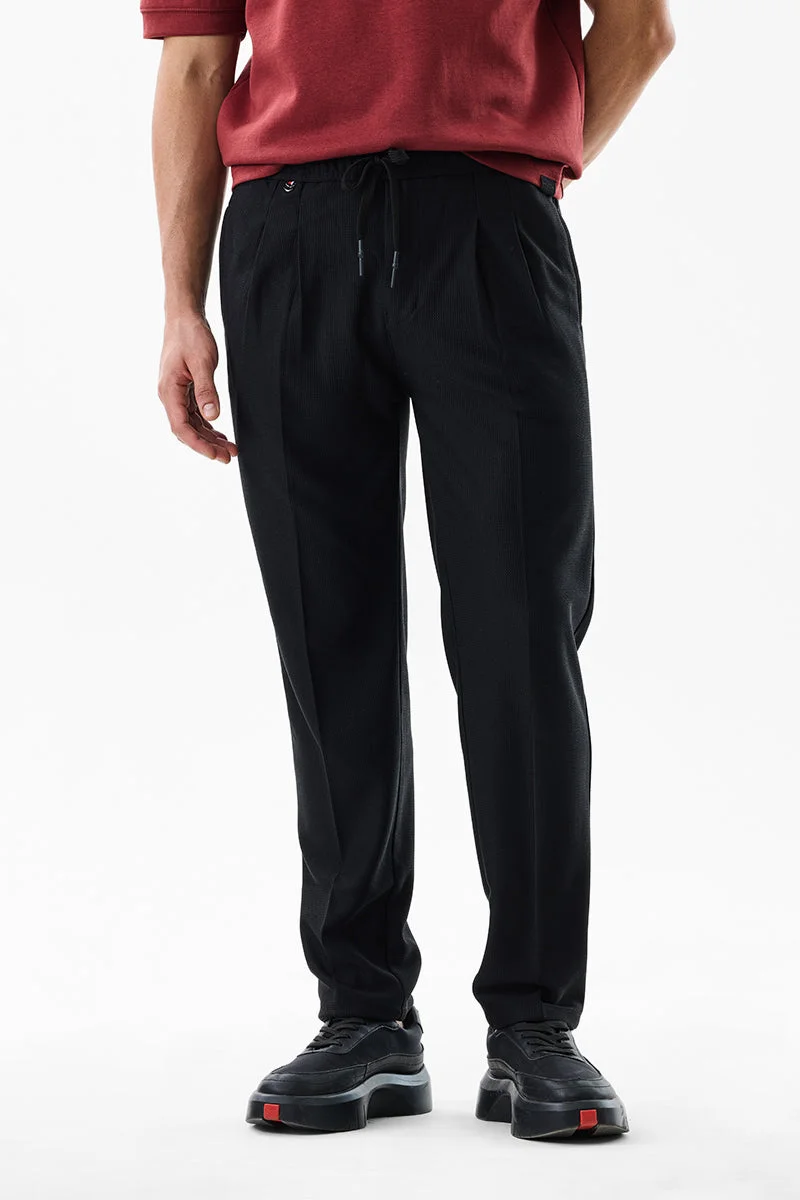 SNITCH Black Textured Slim Fit Casual Trousers
