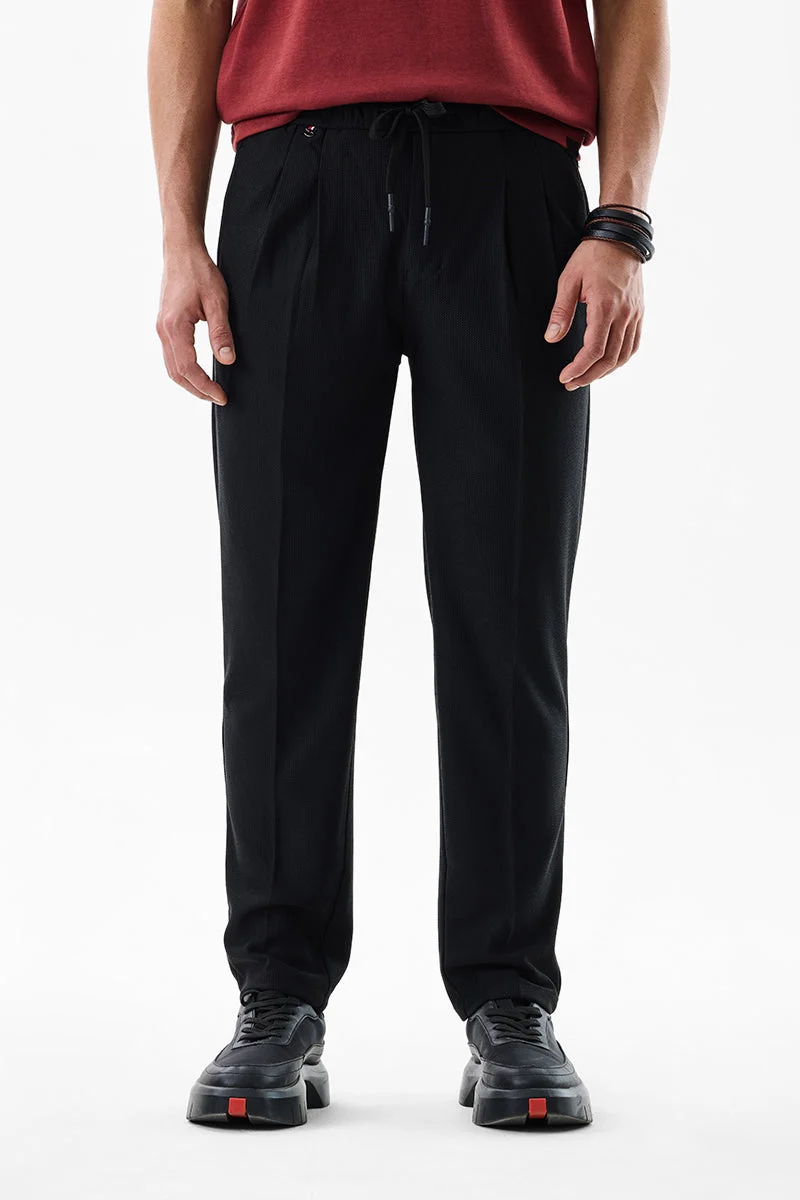SNITCH Black Textured Slim Fit Casual Trousers