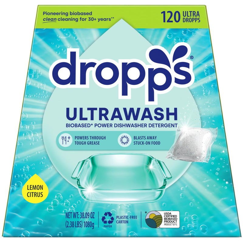 Dropps UltraWash Dishwasher Pods, Lemon Citrus (120 Count) - Biobased Power Deep Clean Dishwasher Detergent Tablets for Sparkling Shiny Dishes - No Rinse Aid or Pre-Wash Needed - Dishwashing Pods - Image 1