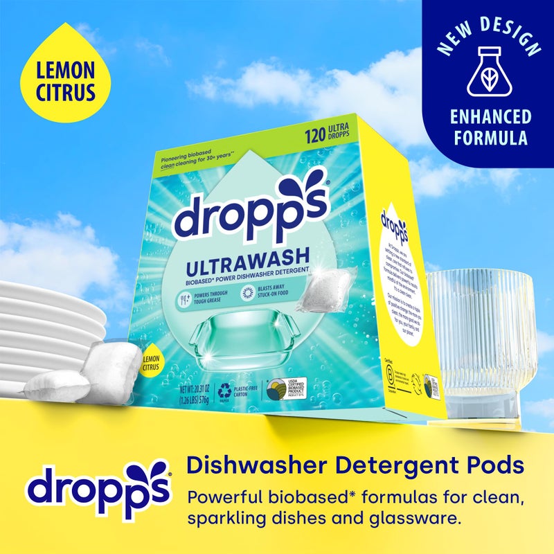 Dropps UltraWash Dishwasher Pods, Lemon Citrus (120 Count) - Biobased Power Deep Clean Dishwasher Detergent Tablets for Sparkling Shiny Dishes - No Rinse Aid or Pre-Wash Needed - Dishwashing Pods - Image 2