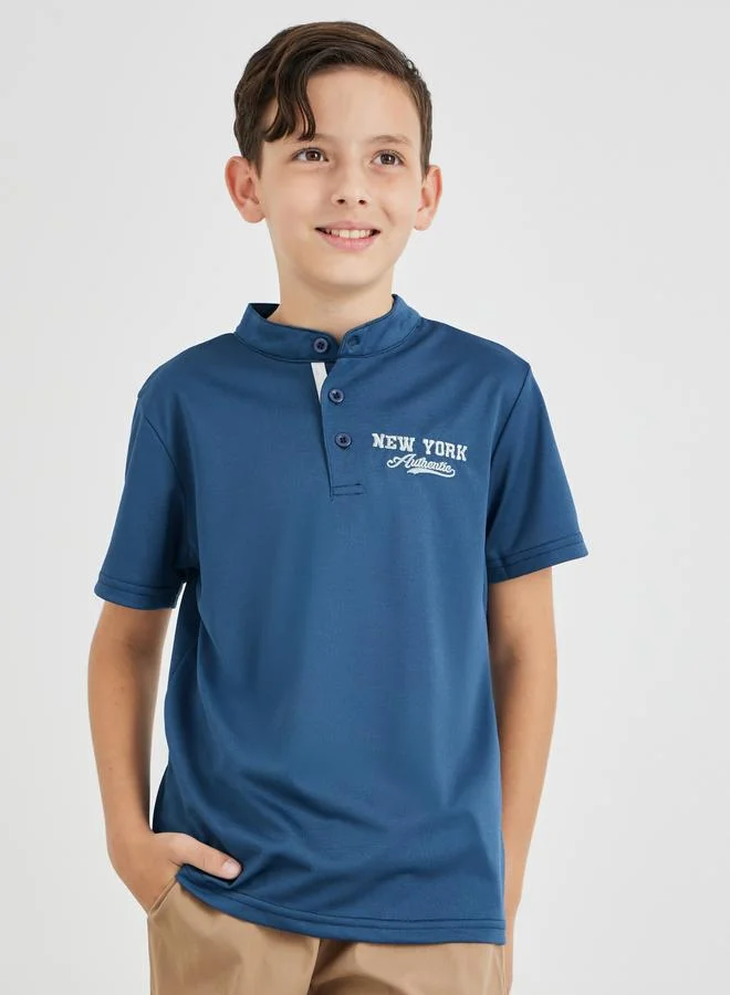 Styli Embroidered Mandarin Collar Short Sleeve T-Shirt