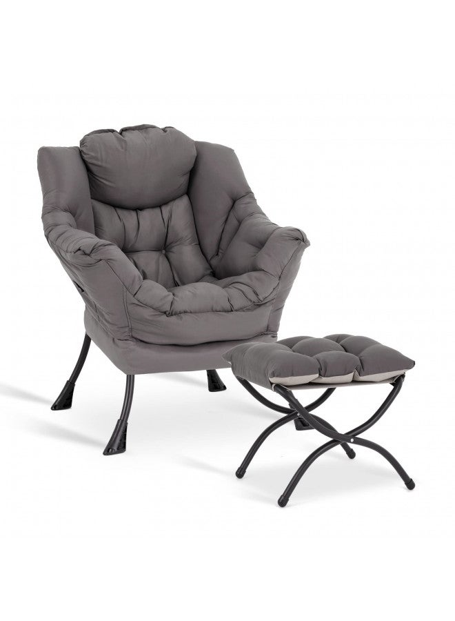 LITA Lazy Chair with Ottoman, Modern Accent Leisure Upholstered Sofa Chair, Contemporary Lounge Reading Chair with Armrests and a Side Pocket for Living Room, Bedroom & Small Space, Dark Grey - Image 1