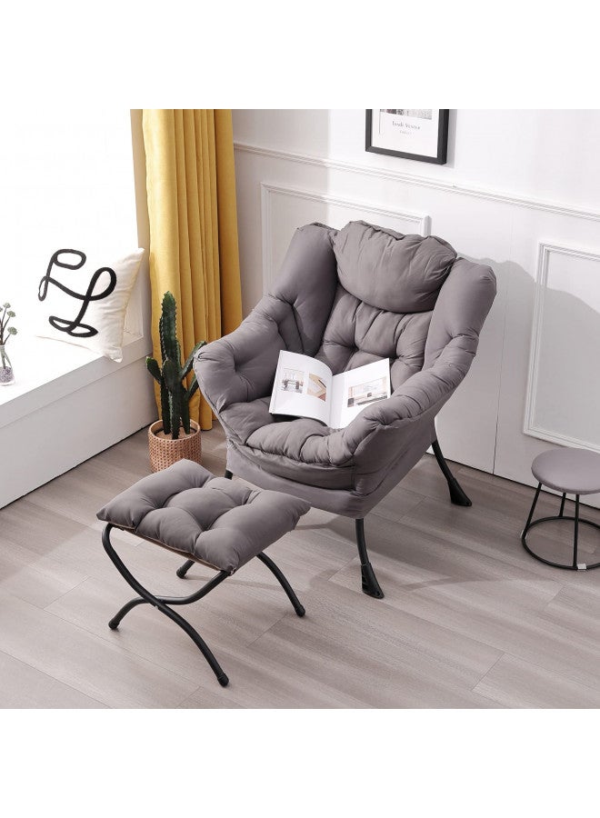 LITA Lazy Chair with Ottoman, Modern Accent Leisure Upholstered Sofa Chair, Contemporary Lounge Reading Chair with Armrests and a Side Pocket for Living Room, Bedroom & Small Space, Dark Grey - Image 4