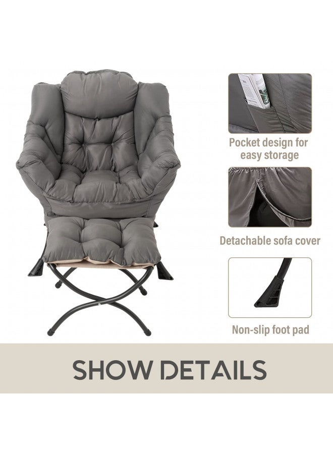 LITA Lazy Chair with Ottoman, Modern Accent Leisure Upholstered Sofa Chair, Contemporary Lounge Reading Chair with Armrests and a Side Pocket for Living Room, Bedroom & Small Space, Dark Grey - Image 5