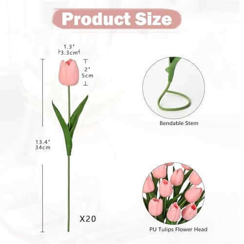 DILATATA 20 Pcs Baby Pink Tulips Artificial Flowers Real Touch Fake Tulips Fake Flowers for Mothers Day 135 Faux Tulips Faux Flowers Bulk Artificial Tulips Flowers for Vase Centerpieces Home Wedding Bouquet - Image 3