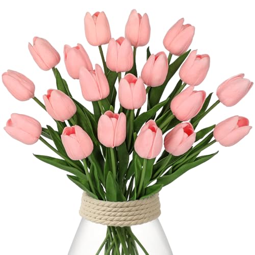 DILATATA 20 Pcs Baby Pink Tulips Artificial Flowers Real Touch Fake Tulips Fake Flowers for Mothers Day 135 Faux Tulips Faux Flowers Bulk Artificial Tulips Flowers for Vase Centerpieces Home Wedding Bouquet - Image 1
