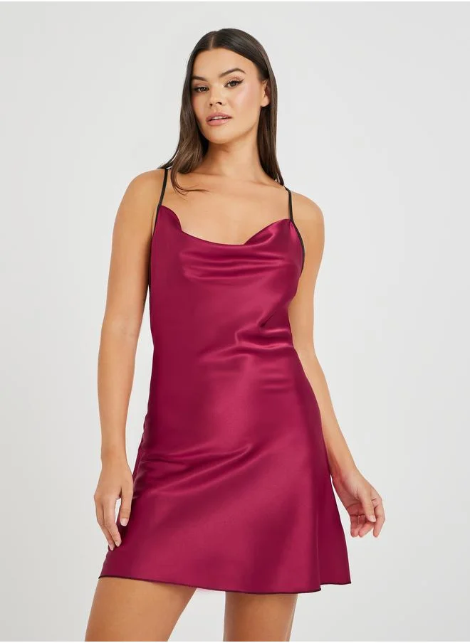 Styli Styli Cowl Neck Satin Slip Dress with Back Butterfly Pattern