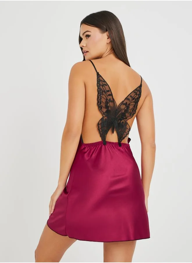 Styli Styli Cowl Neck Satin Slip Dress with Back Butterfly Pattern