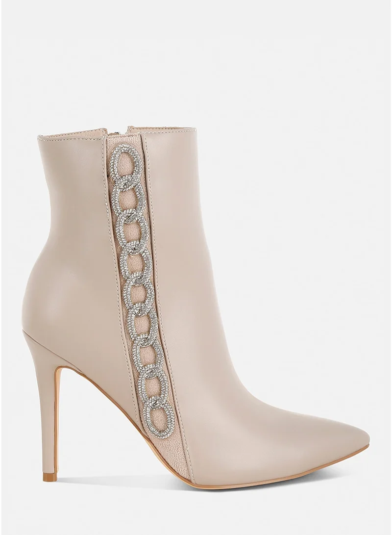 London Rag Rhinestones Chain Detail Boots in Beige