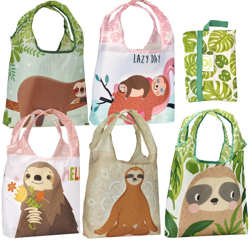 O-WITZ Reusable Grocery Bags | Vibrant Tote Bag For Groceries  Gym  Beach Gear  Toys & More | Washable Design With Large Handles For Maximum Convenience | Folds Into A Small Pouch  5 Pack  Sloths - Image 1