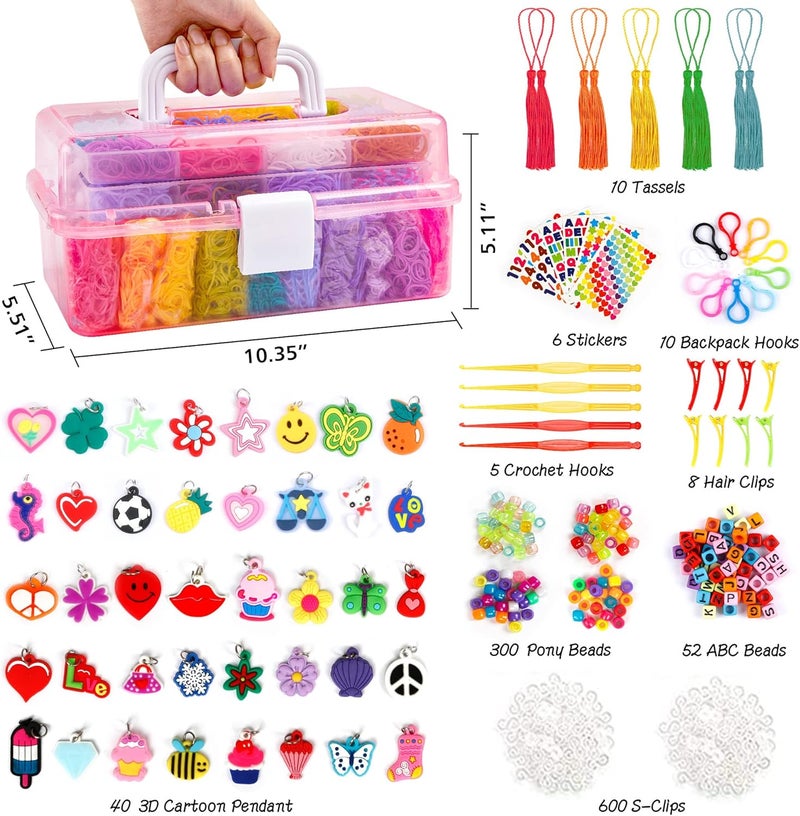 Inscraft 17500+ Rubber Loom Bands with 3 Layer Pink Container, 28 Colors, 600 S-Clips, 352 Beads, 40 Cartoon Pendant, Bracelet Making Refill Kit for Kids - Image 2