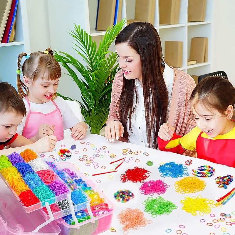 Inscraft 17500+ Rubber Loom Bands with 3 Layer Pink Container, 28 Colors, 600 S-Clips, 352 Beads, 40 Cartoon Pendant, Bracelet Making Refill Kit for Kids - Image 5