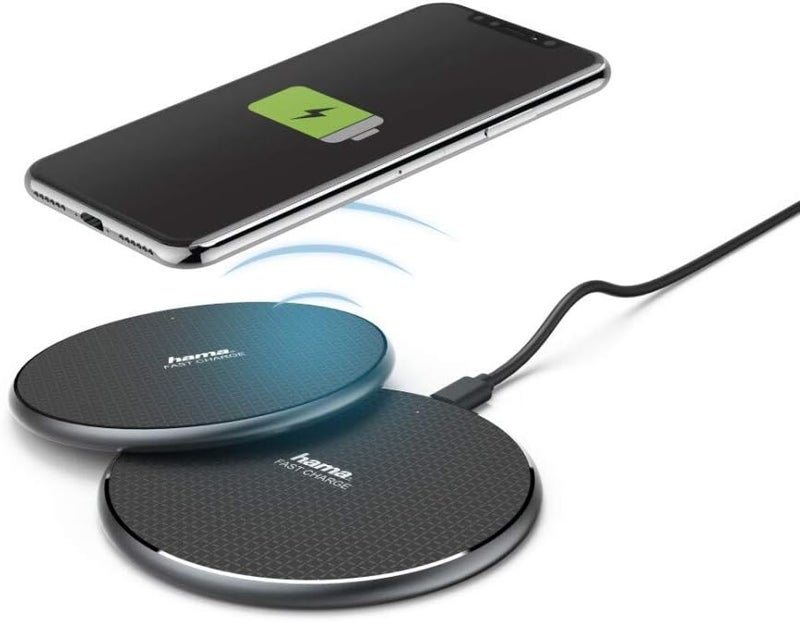 Hama QI-FC10 Wireless Charger (Set of 2), 10W Fast Qi Charging Pad, Micro-USB, LED Indicator, Metal Body, Compatible with iPhone & Samsung – Black - Image 1