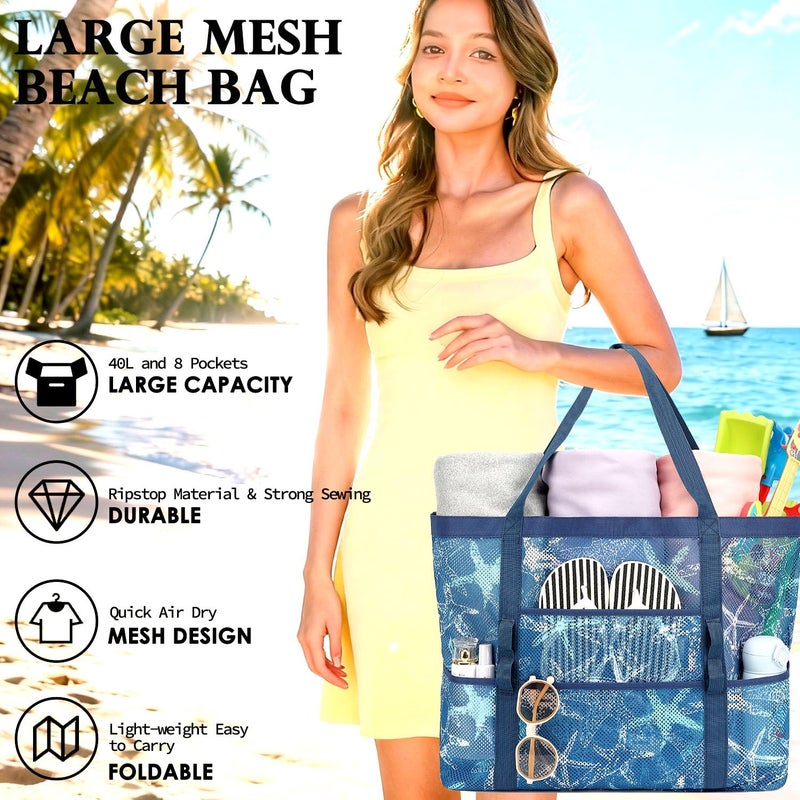 Fammart Mesh Beach Bag, Large Beach Tote with Zipper Pocket for Family Pool Bag for Toys & Vacation Essentials, Starfish - Image 3