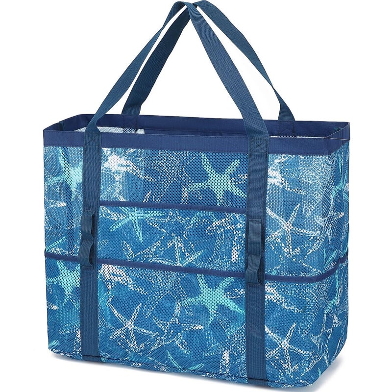 Fammart Mesh Beach Bag, Large Beach Tote with Zipper Pocket for Family Pool Bag for Toys & Vacation Essentials, Starfish - Image 1