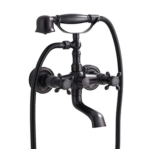 GGStudy Oil Rubbed Bronze Tub Faucet GGStudy Clawfoot Bathtub Faucet Wall Mount Hand Held Shower Faucet Set Double cross Handle with Center with Adapter Adjustable Swing Arms - Image 1