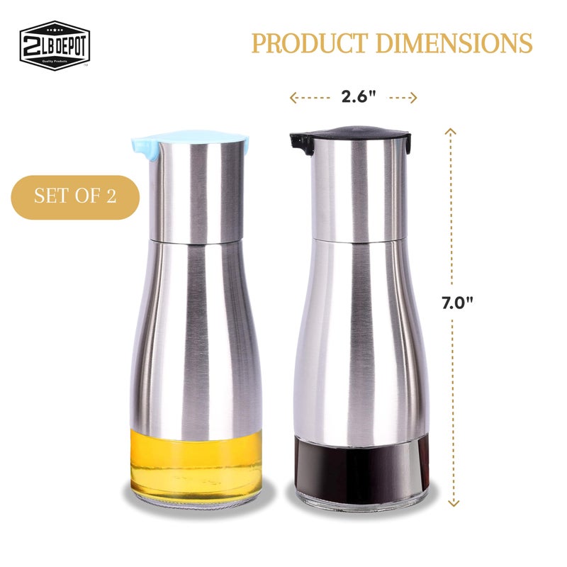 2 Lb. Depot 2LB Depot Oil and Vinegar Dispenser Set - Brushed Steel & Glass Containers with Anti-Drip Spout Lid - Easy-Clean - Olive Oil Dispenser Bottle - Minimalist Kitchen Accessory - 7.1"H x 2.7"L x 2.7"W - Image 3